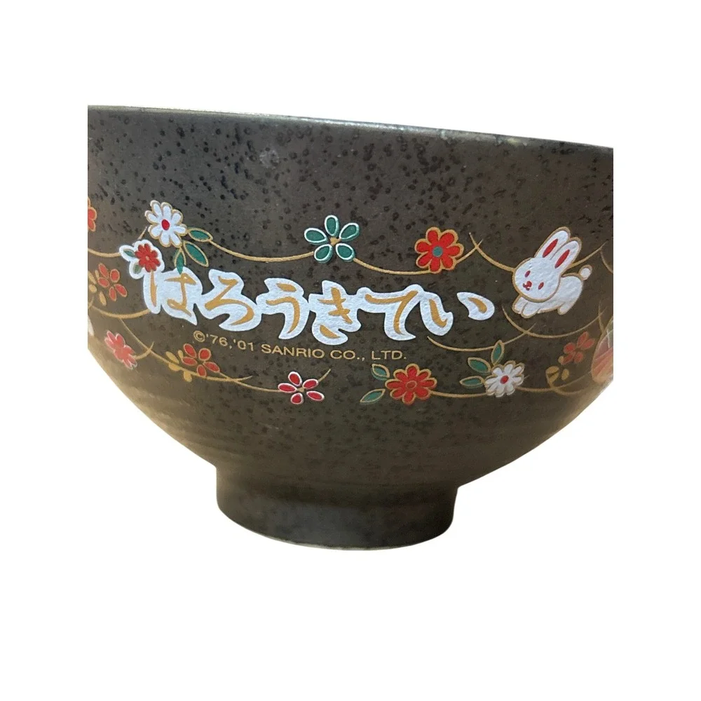 Sanrio Hello Kitty Ceramic Rice Bowl Black Matte Floral Rabbit Japanese Style